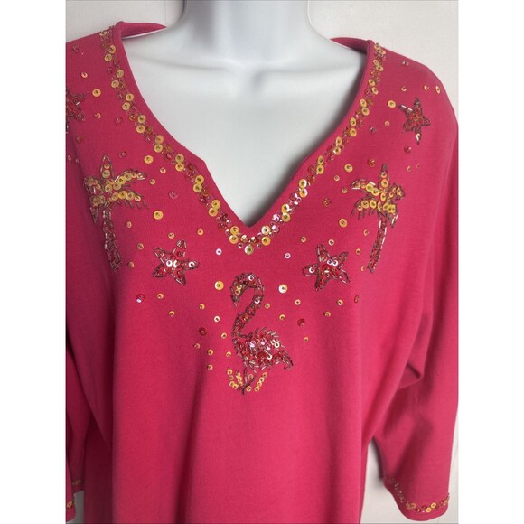 Quacker Factory Womens Shirt Large Pink‎ Flamingo Colorful Fun Cruise Vacation - Picture 3 of 11